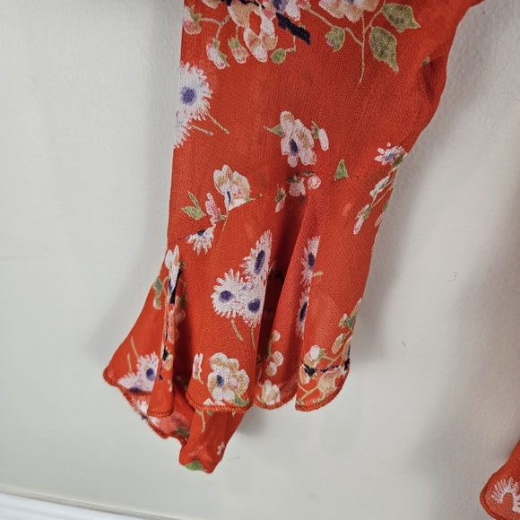 ASOS Crepe Sheer Peplum Ruffle Shoulder Dress Fully Lined Size 0 Red Floral 1518 - Picture 9 of 15